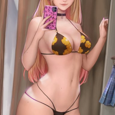 sono bisque doll wa koi wo suru, kitagawa marin, kittew, 1girls, bikini, biting lip, black bikini, blonde hair, breasts, ear piercing, female, female only, flower pattern, gyaru, hips