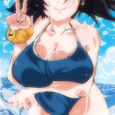 dragon ball super, dragon ball z, caulifla, omochi db, 1girls, arm under breasts, black eyes, black hair, breasts, cleavage, female only, large breasts, looking at viewer, one-piece swimsuit, solo