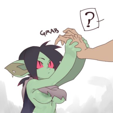 kooni, black hair, breasts, cute, female goblin, goblin, goblin female, green-skinned female, hand grab, piercing, pointy ears, red eyes, shortstack