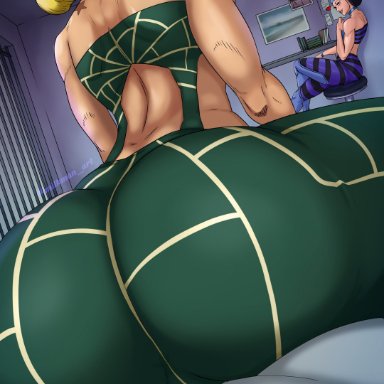 jojo's bizarre adventure, stone ocean, gwess, jolyne kujo, themilkman, 2girls, ass, ass focus, back view, big ass, birthmark, female, green hair, heart, huge ass