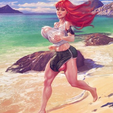 marvel, marvel comics, spider-man (series), mary jane watson, kinkyjimmy, 1futa, alternate breast size, armband, balls, beach, big breasts, big bulge, booty shorts, bouncing breasts, breasts