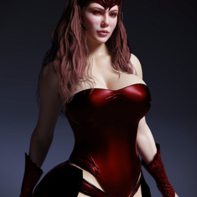 marvel, marvel cinematic universe, scarlet witch, wanda maximoff, rude frog, 1girls, breasts, brown hair, cleavage, female, female only, large breasts, leotard, looking at viewer, red eyes