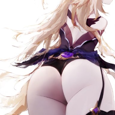 genshin impact, fischl (genshin impact), maomoking, 1girls, ass, ass focus, back, back view, big ass, black panties, black thighhighs, blonde hair, bottomwear, clothing, female