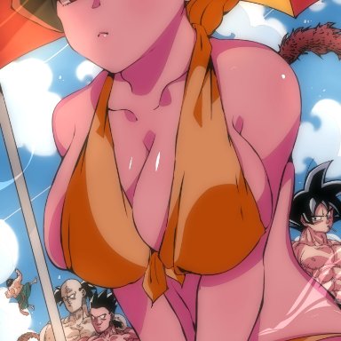 dragon ball, dragon ball z, seripa, omochi db, 1girls, bikini, black hair, female, female focus, red eyes, short hair, sitting, swimsuit, tail, thighs