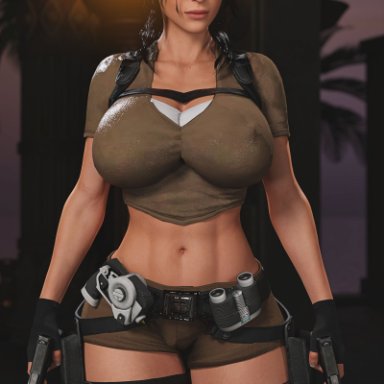 tomb raider, lara croft, tb25, 1girls, abs, big breasts, cameltoe, female only, gloves, gun, hard nipples, shorts, solo female, thick thighs, 3d