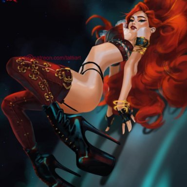 league of legends, miss fortune, tattiart, 1girls, blue eyes, curvaceous, curvy, curvy female, curvy figure, female, female focus, female only, heels, high heels, leaning back