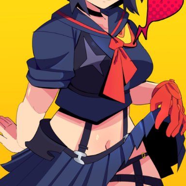 kill la kill, matoi ryuuko, jiansketch, 1girls, blush, embarrassed, female, female only, harness, lingerie, straps, sweatdrop, thick thighs, thunder thighs, wide hips