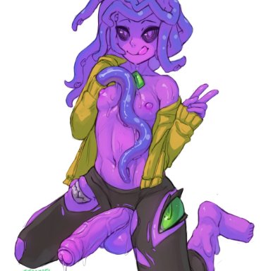 monster prom, zoe (monster prom), seraziel, 1futa, balls, ballsack, barefoot, big penis, breasts, closed mouth, clothed, clothing, colored skin, erection, extra eyes