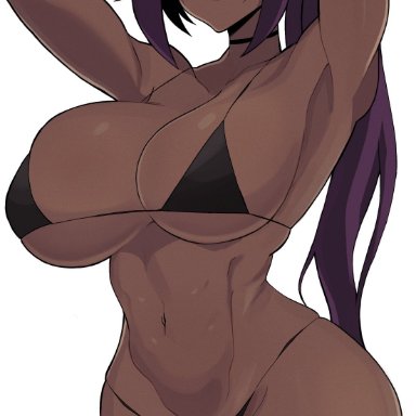 bleach, shihouin yoruichi, yoshiikirablr, 1girls, bikini, breasts, cleavage, dark-skinned female, dark skin, female, female only, large breasts, purple hair, solo, swimsuit