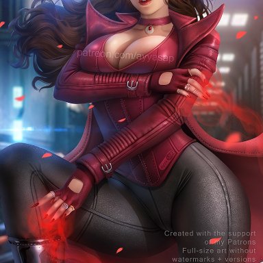 marvel, scarlet witch, wanda maximoff, ayyasap, 1girls, boobs, brown hair, choker, gloves, green eyes, magic, red lipstick, red nails, solo female, thunder thighs