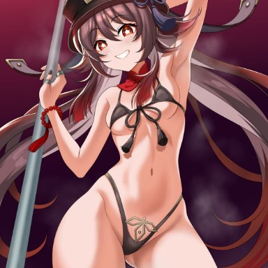 genshin impact, hu tao (genshin impact), sirano, 1girls, armpits, bikini, black bikini, blush, brown hair, hat, looking at viewer, navel, pole, pole dancing, red eyes