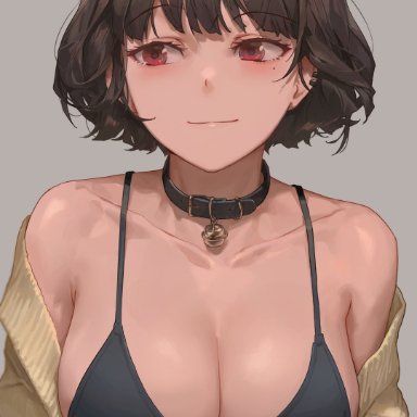 original, yohan1754, 1girls, bell, bell collar, black hair, breasts, cleavage, collar, female, female only, large breasts, looking away, mole, mole under eye