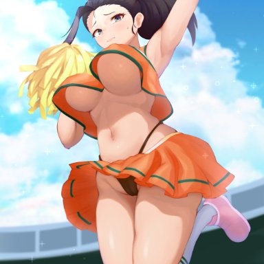 my hero academia, momo yaoyorozu, nsfw oa, 1girls, abs, armpits, big breasts, black hair, cheerleader, cheerleader uniform, female only, happy, ponytail, skirt, solo female