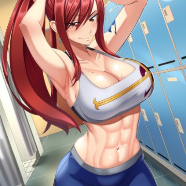 fairy tail, erza scarlet, castell, 1girls, abs, armpits, arms behind head, arms up, breasts, cleavage, female, female only, fit, fit female, hips