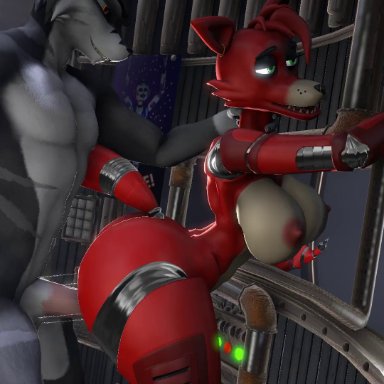 five nights at freddy's, scottgames, foxy (fnaf), abdominal bulge, anthro, asphyxiation, breasts, canine, canis, choking, crossgender, duo, female, fox, from behind position