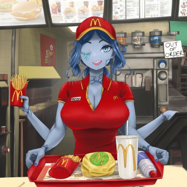 big mac, elden ring, fromsoftware, m&amp;m's, mcdonald's, oreo, reese's peanut butter cups, ranni the witch, dismaiden, 1girls, baseball cap, big breasts, blue hair, blue skin, breasts