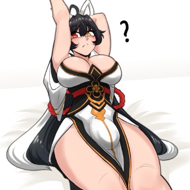 elsword, ara haan, sunk118, 1futa, big breasts, black hair, breasts, bulge, bulge through clothing, cleavage, clothed, clothing, dickgirl, eyebrows visible through hair, fully clothed
