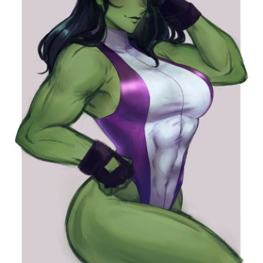 marvel, jennifer walters, she-hulk, iahfy, k-y-h-u, 1girl, abs, arm up, biceps, black hair, border, breasts, colored skin, covered navel, feet out of frame