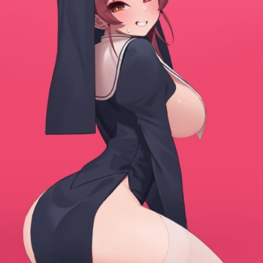 hololive, houshou marine, pretty mundane, 1girls, bangs, black dress, black footwear, blush, breast curtains, breasts, dress, eyebrows visible through hair, female, female focus, female only