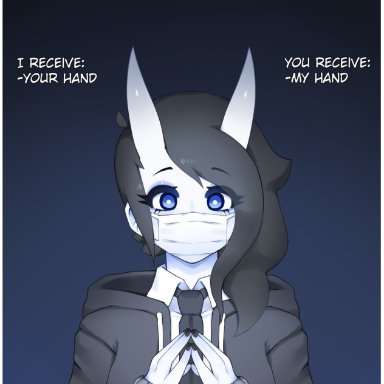 spooky (ahegaokami), ahegaokami, 1girls, black nails, blue eyes, blue skin, breasts, comforting, cute, demon girl, horns, wholesome, english text, meme, tagme