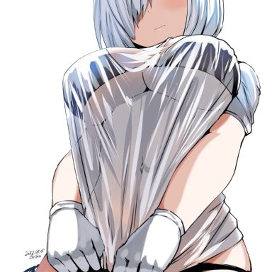 kantai collection, hamakaze (kantai collection), belko, bikini, bikini under clothes, black bikini, blouse, blue eyes, blush, breasts, closed mouth, clothes pull, covered navel, female, from below