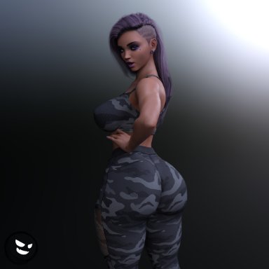 overwatch, sombra, gm studios, 1girls, back view, big ass, big breasts, dark-skinned female, female only, purple hair, solo female, sports bra, thick thighs, yoga pants, 3d