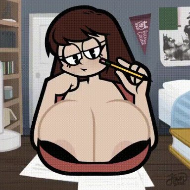 original, original character, jinnsart, 1female, big breasts, black eyes, blush, boob squeeze, bored, brown hair, exposed nipples, glasses, huge breasts, long hair, looking at viewer