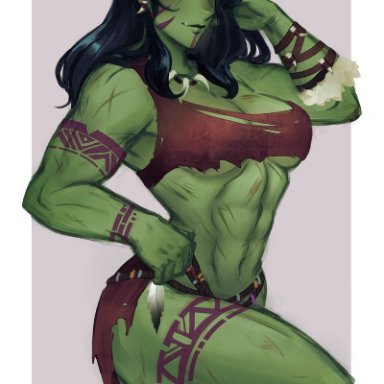 marvel, marvel comics, she-hulk, iahfy, abs, alternate species, arm up, biceps, black hair, border, breasts, cleavage, colored skin, cosplay, earrings