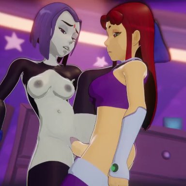 dc comics, teen titans, raven, raven (dc), starfire, netfuta, 1futa, 1girl, 1girls, areola, dominant futanari, duo, female on futa, futa on female, futanari