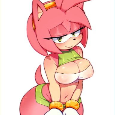 sega, sonic (series), sonic the hedgehog (series), amy rose, ichig8miruku, 1girls, 5 fingers, accessory, anthro, areola, breasts, cleavage, clothed, clothing, eulipotyphlan