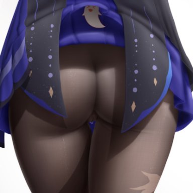 genshin impact, keqing (genshin impact), z282g, ass, ass focus, black legwear, blue skirt, cameltoe, clothes lift, female, from behind, ghost print, lower body, miniskirt, no panties