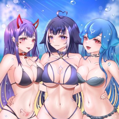 akuma nihmune, bao (vtuber), shylily, 3girls, beach, bikini, breasts, chussy, cleavage, female, female only, huge breasts, indie virtual youtuber, virtual youtuber