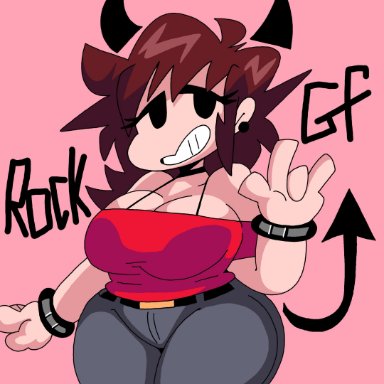 friday night funkin, girlfriend (friday night funkin), dork boi, lewd dorky, big breasts, big thighs, black earrings, breasts, clothed female, devil horns, devil tail, female, tagme