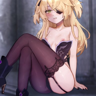 genshin impact, fischl (genshin impact), norza, 1girls, areolae, black panties, blonde hair, blush, breasts, clothed, clothed female, crossed legs, eyepatch, female, female only