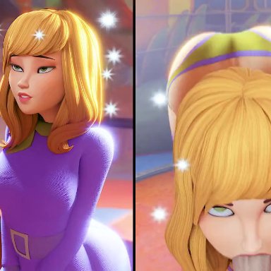 scooby-doo, daphne blake, ayyteethreedee, athletic female, blowjob, green eyes, hetero, human, hypnosis, light-skinned male, long hair, male/female, mind control, oral sex, scooby doo (series)