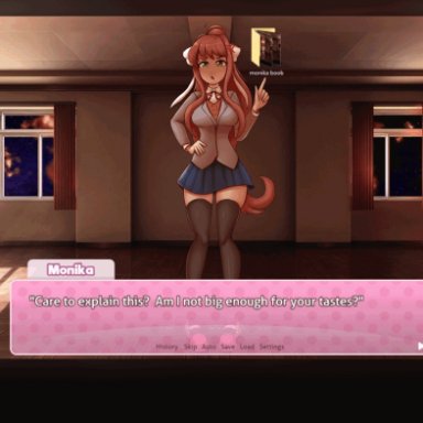 doki doki literature club, metachoke, 1girls, breast expansion, cow print, female focus, hucow, lactation, looking at viewer, massive breasts, talking to viewer, transformation, animated, dialogue, slideshow