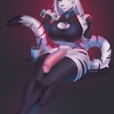 original, original character, holrolly, 1futa, anthro, armwear, big breasts, big penis, bottomless, breasts, cat, cleavage, cleavage cutout, clothed, clothing