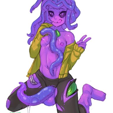 monster prom, zoe (monster prom), seraziel, 1futa, balls, barefoot, big penis, breasts, closed mouth, clothed, clothing, colored skin, erection, extra eyes, female