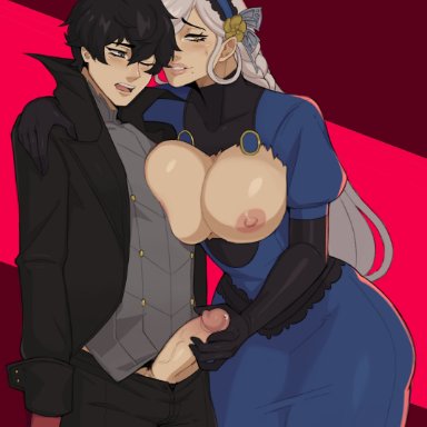 persona, persona 5, joker (persona), lavenza, ren amamiya, zpark, 1boy, 1girls, aged up, black hair, female, grey eyes, handjob, huge ass, large breasts