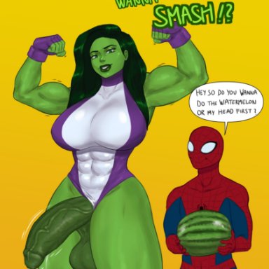 marvel, marvel cinematic universe, marvel comics, peter parker, she-hulk, spider-man, femboycarti, 1boy, 1futa, abs, arms up, balls, big balls, big breasts, breasts