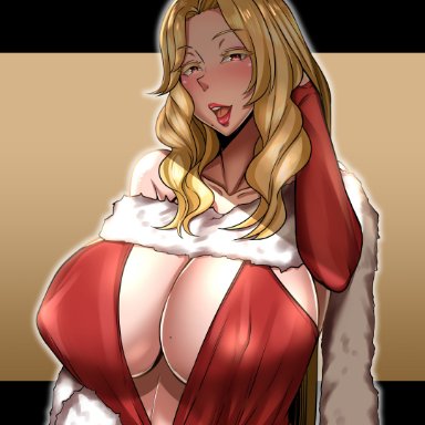 victoria (toui), toui, 1girls, big breasts, blonde hair, blush, cleavage, clothing, coat, dress, female, female only, fur coat, gloves, huge breasts