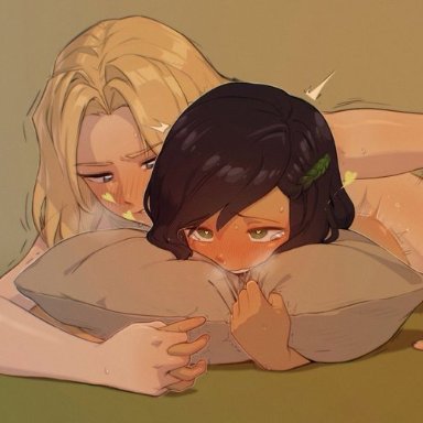 amphibia, disney, marcy wu, sasha waybright, kassitta, ahe gao, black hair, blonde hair, blush, brown skin, grabbing hand, green eyes, heart-shaped pupils, implied futanari, laying on stomach