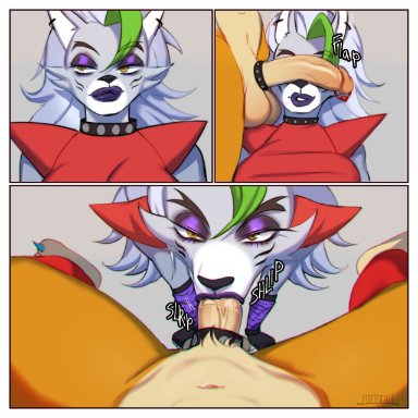 five nights at freddy's, scottgames, glamrock freddy (fnaf), roxanne wolf (fnaf), pulred, anthro, balls, bodily fluids, breasts, canid, canine, canis, clothing, duo, ear piercing