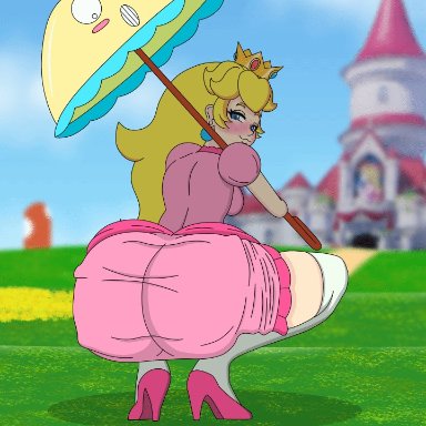 mario (series), super princess peach, perry (nintendo), princess peach, kurotatsuo, 1girls, ass, butt, castle, female only, looking back, parasol, presenting hindquarters, rear view, twerking