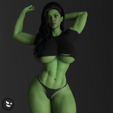 hulk (series), marvel, marvel comics, jennifer walters, she-hulk, gm studios, 1girls, black clothing, breasts, crop top, female, female only, fit female, green eyes, green hair