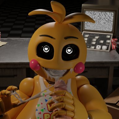 five nights at freddy's, five nights at freddy's 2, toy chica (fnaf), toy chica (love taste), feversfm, cum, cum in mouth, looking at viewer, penis, smiling, 3d