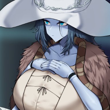 elden ring, ranni the witch, tiger drop, 1girls, 4 arms, alternate breast size, big breasts, blue body, blue eyes, blue hair, blue skin, breasts, busty, curvaceous, curves
