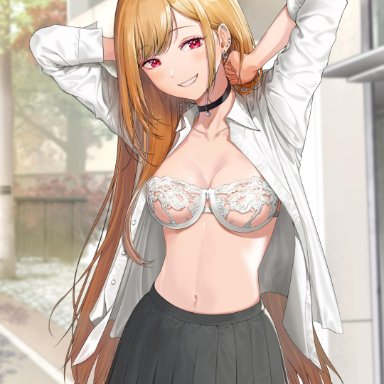 sono bisque doll wa koi wo suru, kitagawa marin, bangs, belly button, blonde hair, blush, bra, breasts, button down shirt, choker, collarbone, female, female only, hands behind head, lace bra