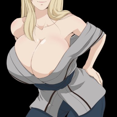 naruto, naruto (series), naruto shippuden, tsunade, caisama, 1girls, alternate hairstyle, areola, areola slip, areolae, armpits, bare shoulders, big breasts, blonde hair, blush