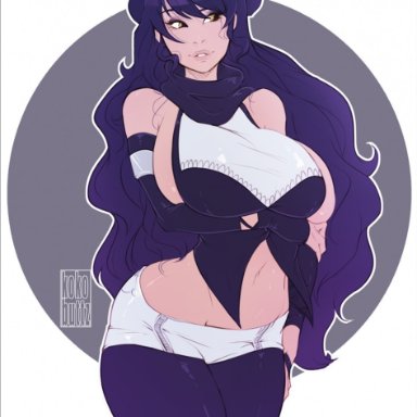 rwby, blake belladonna, kokobuttz, big breasts, bow, clothed, dark blue hair, sideboob, skimpy clothes, yellow eyes